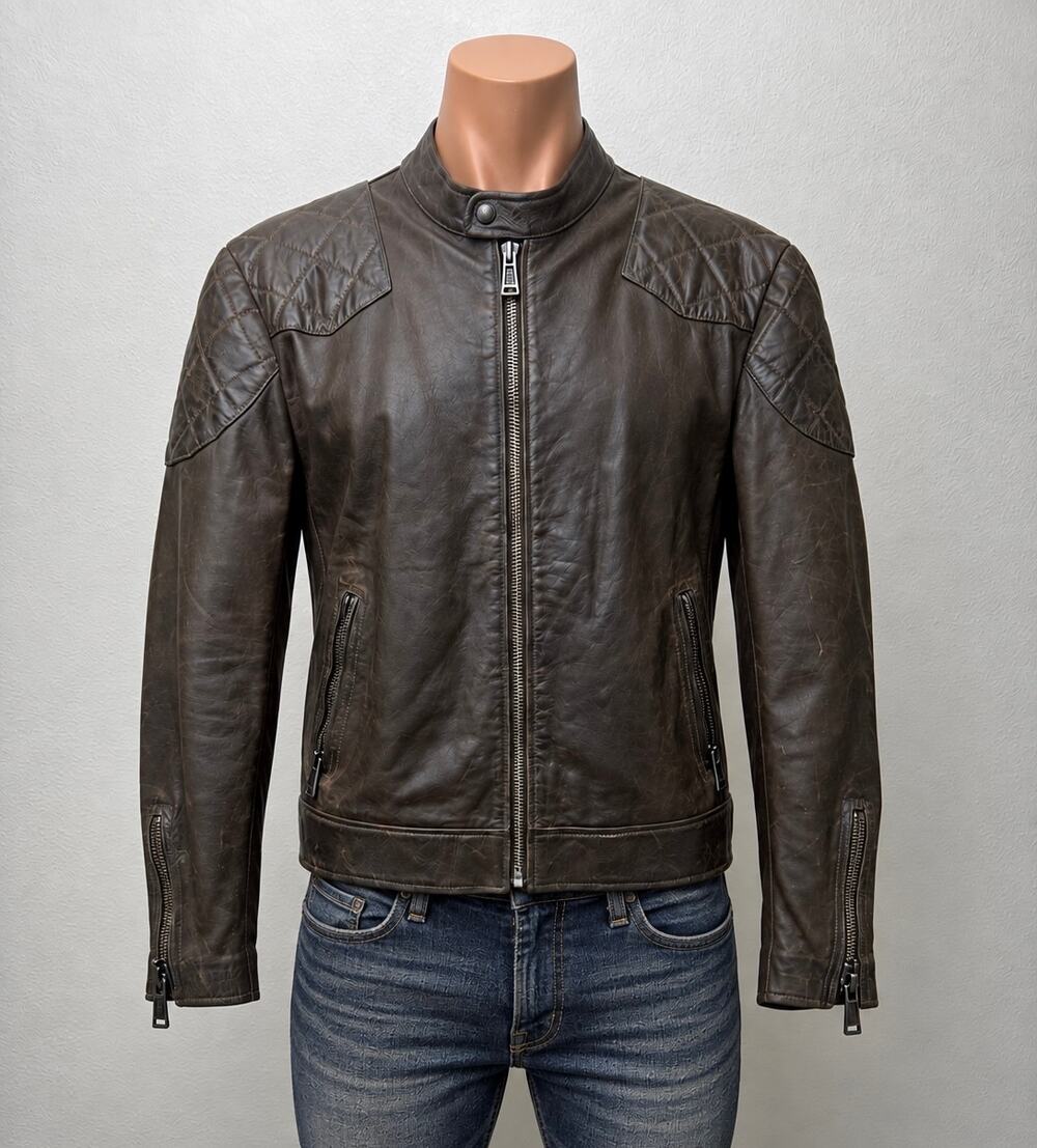 Belstaff Legacy Outlaw Brown Leather Cafe Racer Motorcycle Jacket Men's US 40